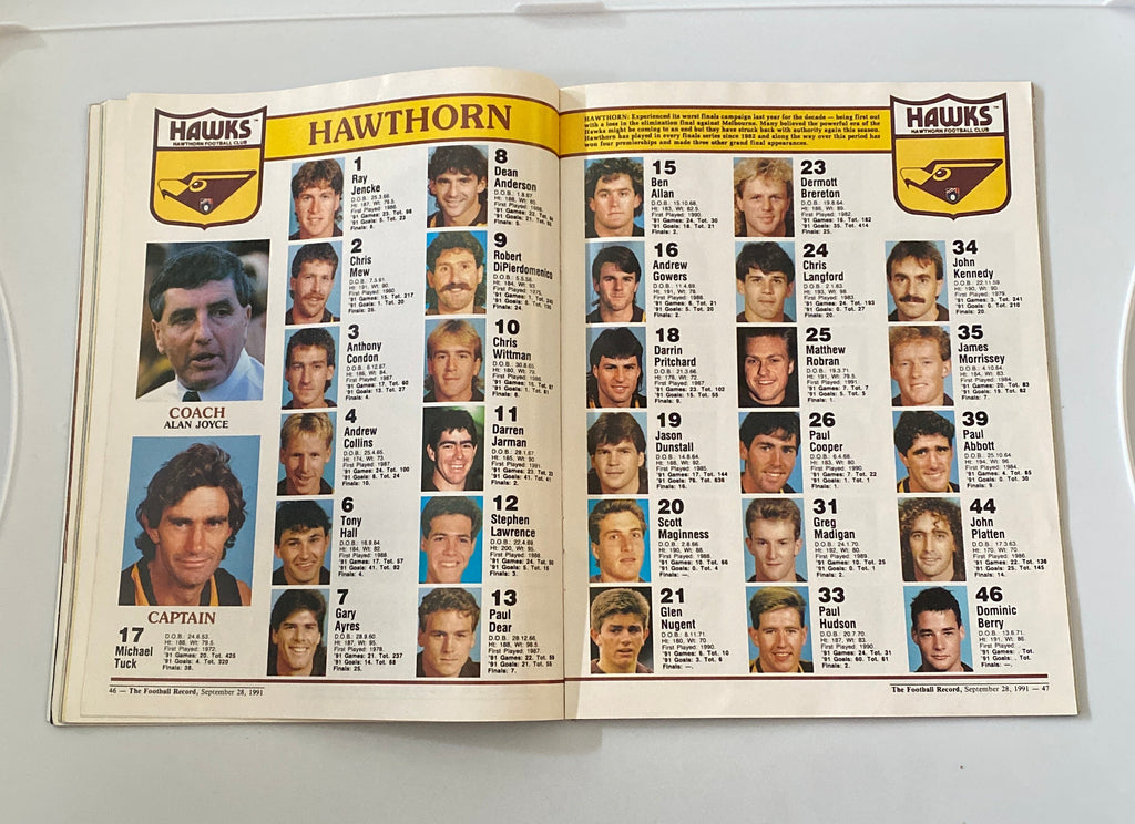 AFL Football Record 1991 Grand Final Hawthorn Hawks v West Coast Eagles