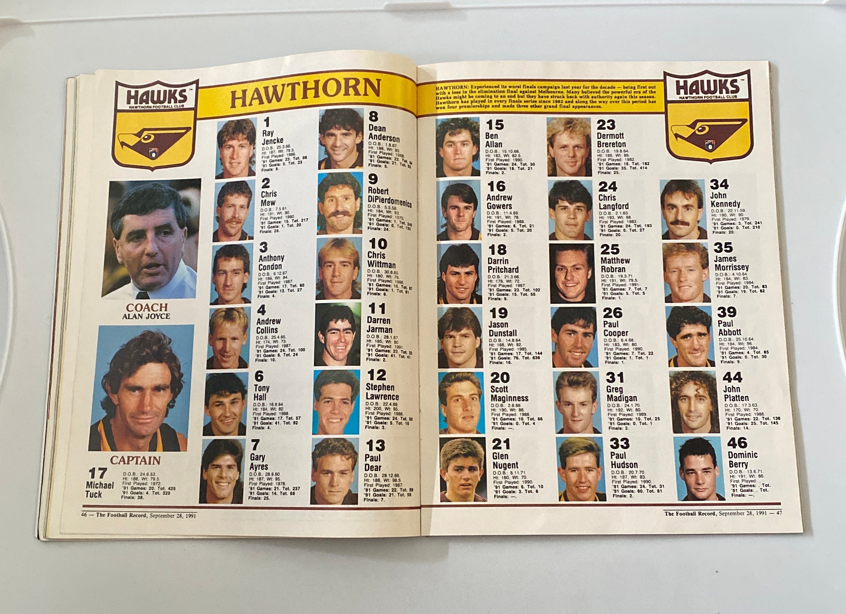 AFL Football Record 1991 Grand Final Hawthorn Hawks v West Coast Eagles