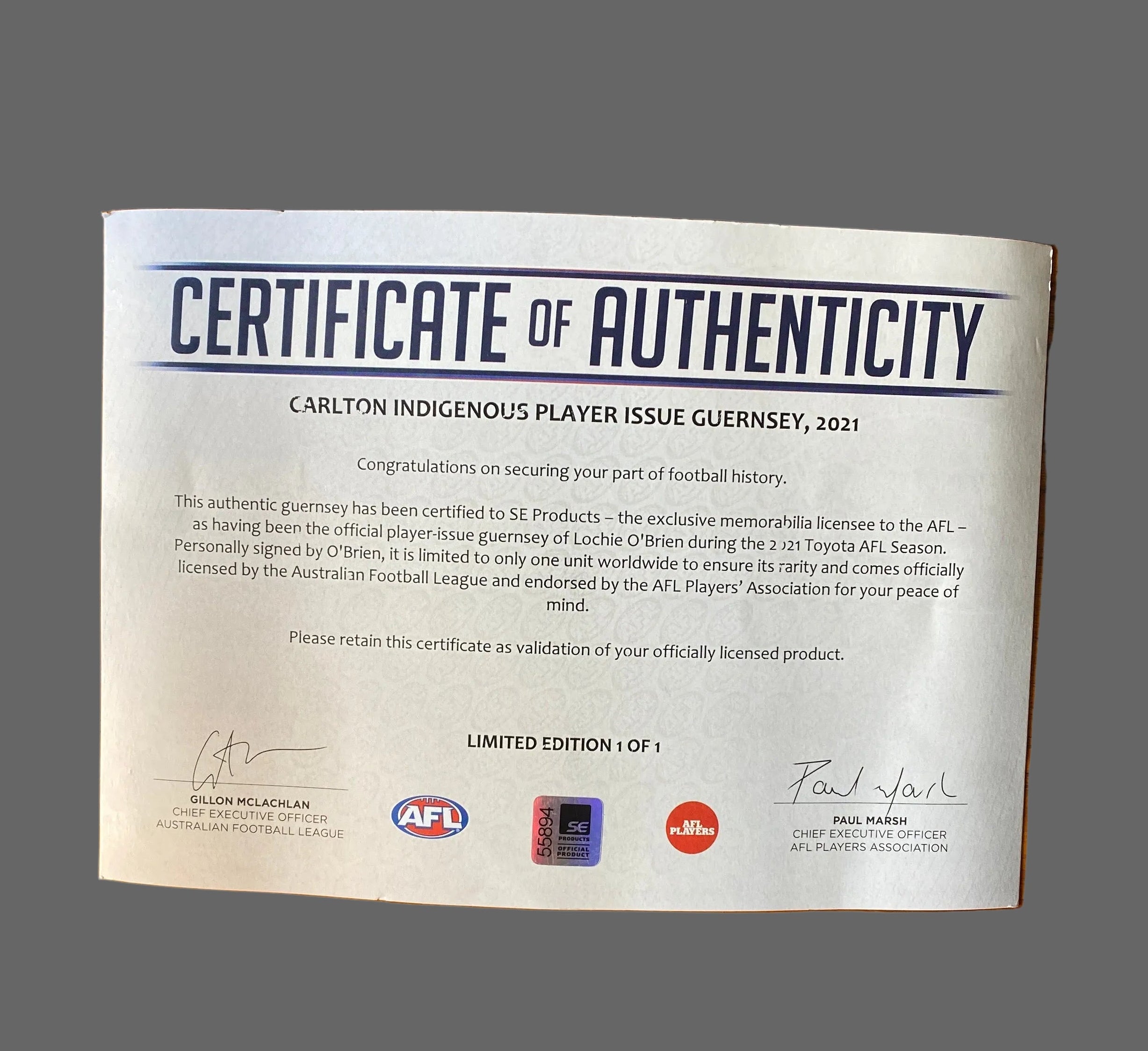 Limited Edition Authentic Signed Player Issued Guernsey Round 11 Sydney v Carlton SCG / Sunday 30 May 2021 Round 12 Carlton v West Coast SCG / Sunday 6 June 2021 Indigenous Player Issue Guernsey, 2021 Lochie O’Brian #4  1 of 1
