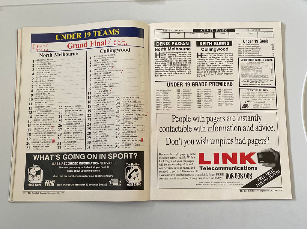 AFL Football Record 1991 Grand Final Hawthorn Hawks v West Coast Eagles