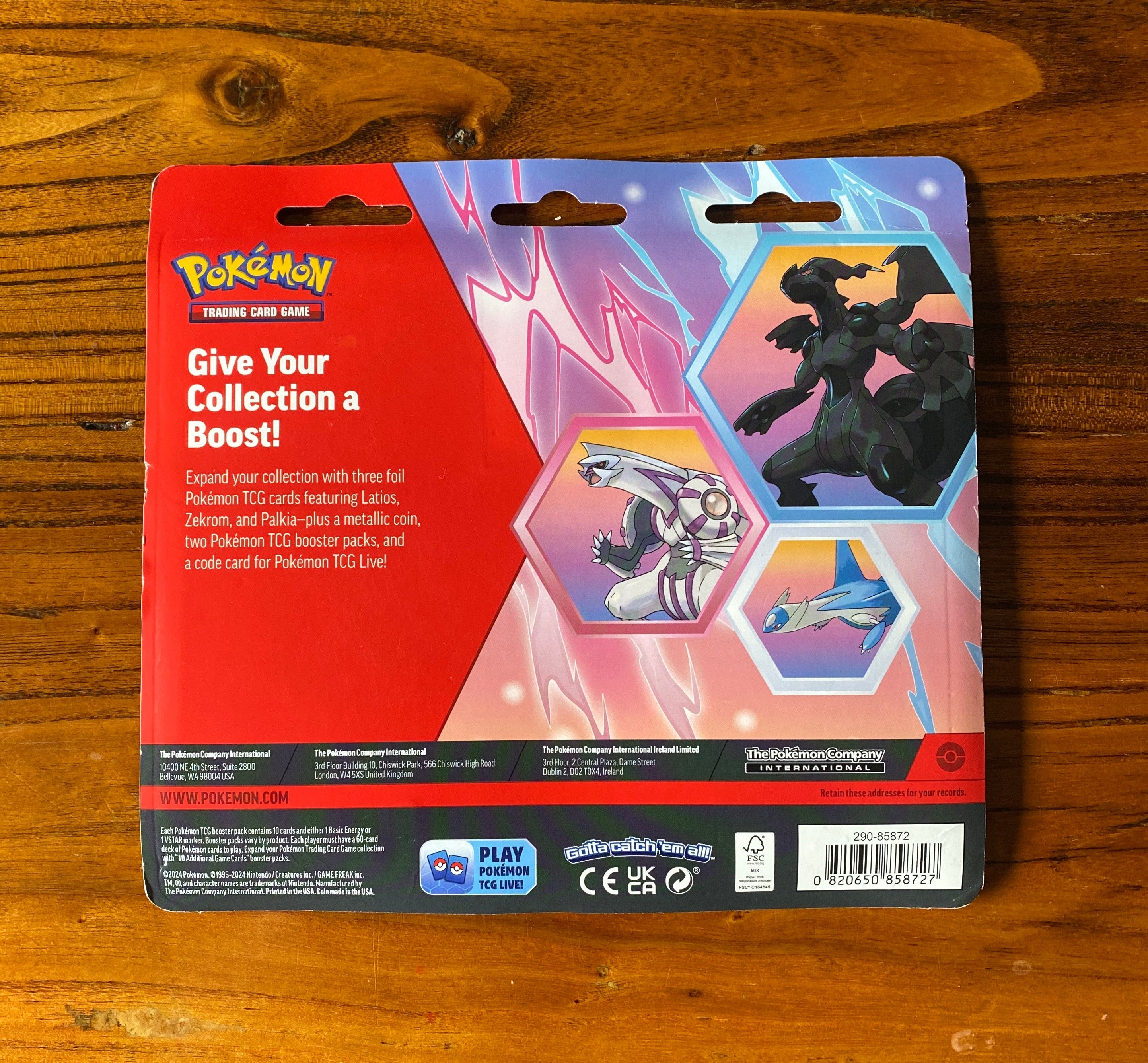 Pokémon TCG: Enhanced 2-Pack Blister featuring Latios, Zekrom, and Palkia. Includes: Three exclusive foil promo cards of Latios, Zekrom, and Palkia.
Two Pokémon TCG booster packs.
A collectible metallic Pokémon coin.
A code car