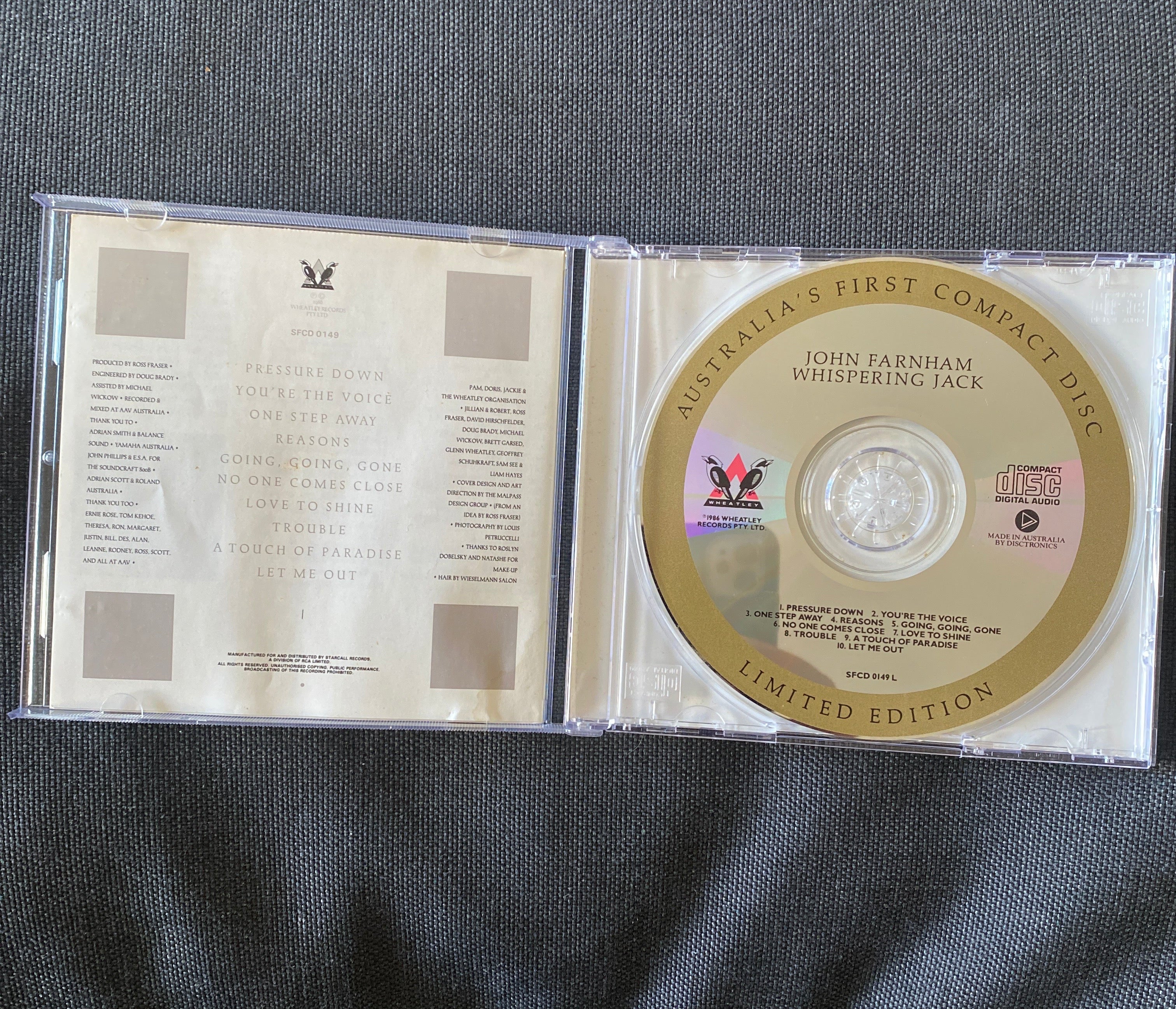 JOHN FARNHAM OF LITTLE RIVER BAND "WHISPERING JACK" LIMITED EDITION CD AUSTRALIA’S FIRST COMPACT DISC