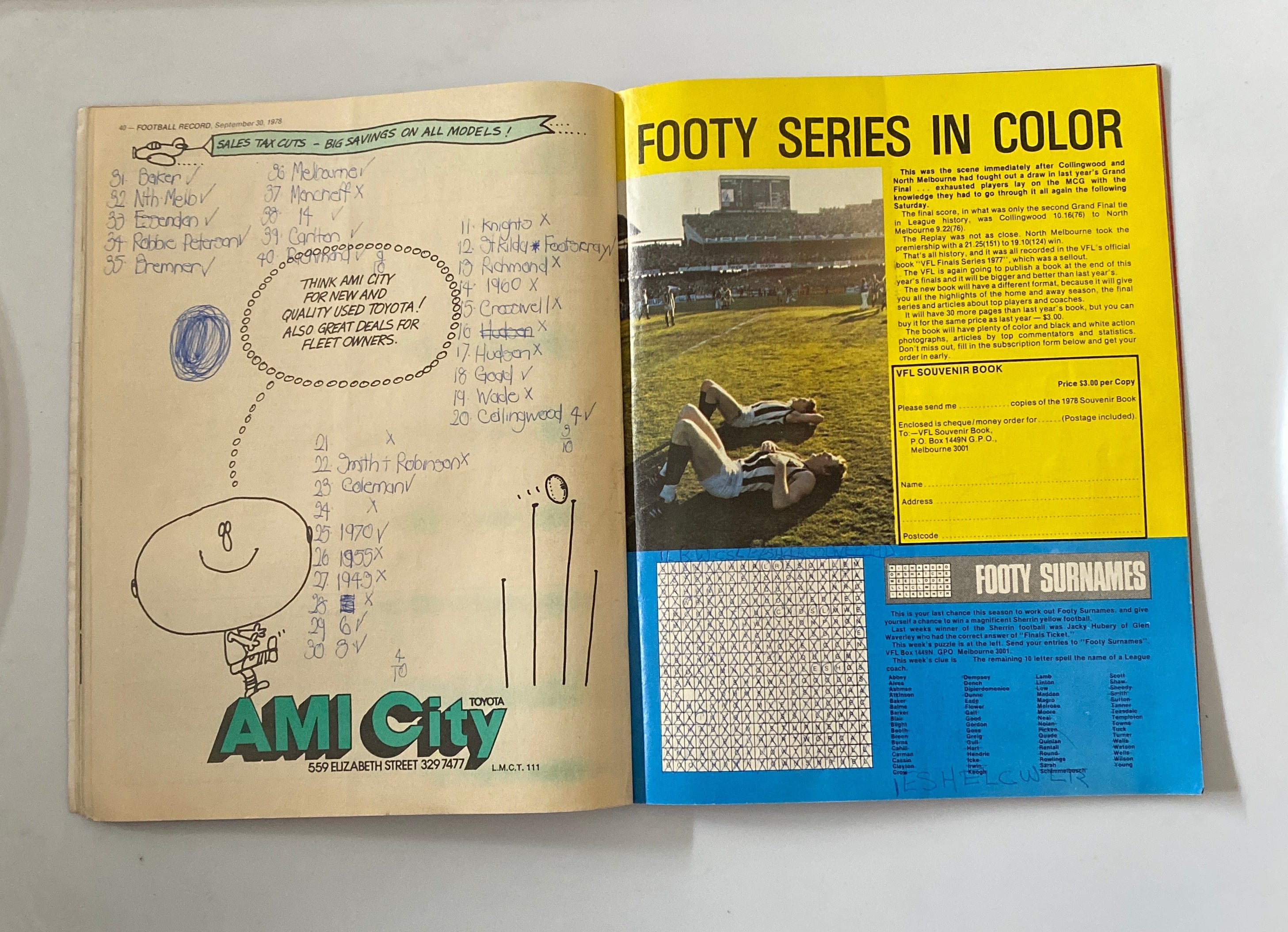 AFL VFL FOOTBALL RECORD GRAND FINAL SEPT.30.1978-HAWTHORN V NTH MELBOURNE-C PICS