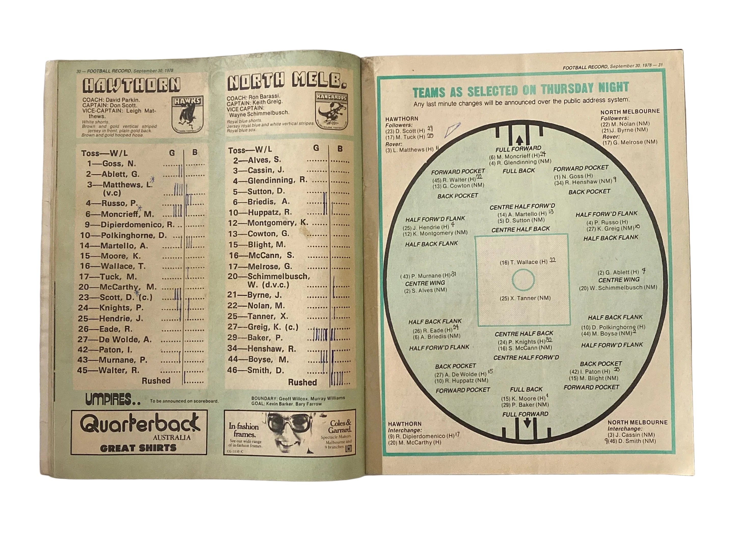 AFL VFL FOOTBALL RECORD GRAND FINAL SEPT.30.1978-HAWTHORN V NTH MELBOURNE-C PICS
