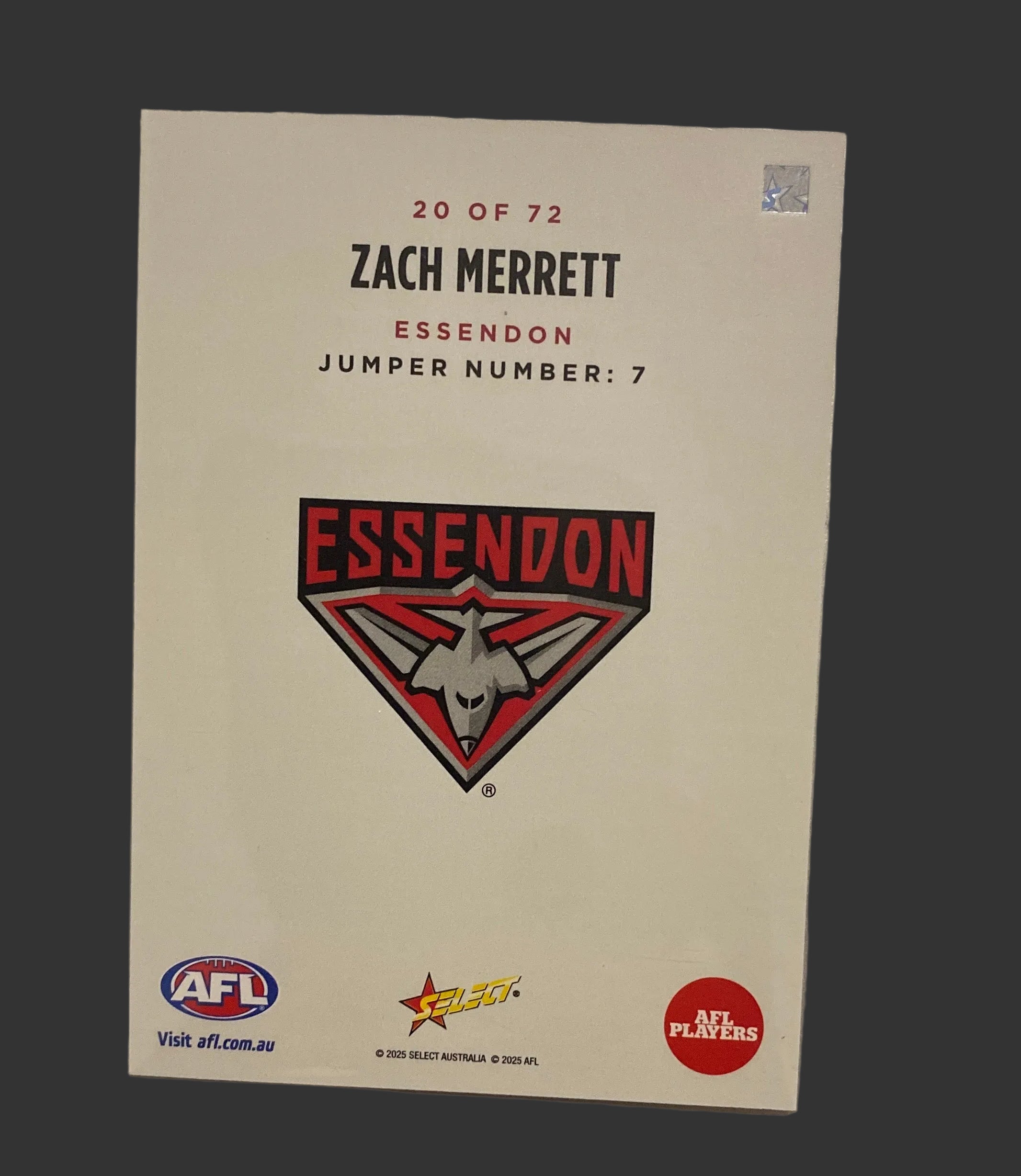 2025 AFL Select Eminence Classic Card 05/25 Zach Merrett Essendon Bombers