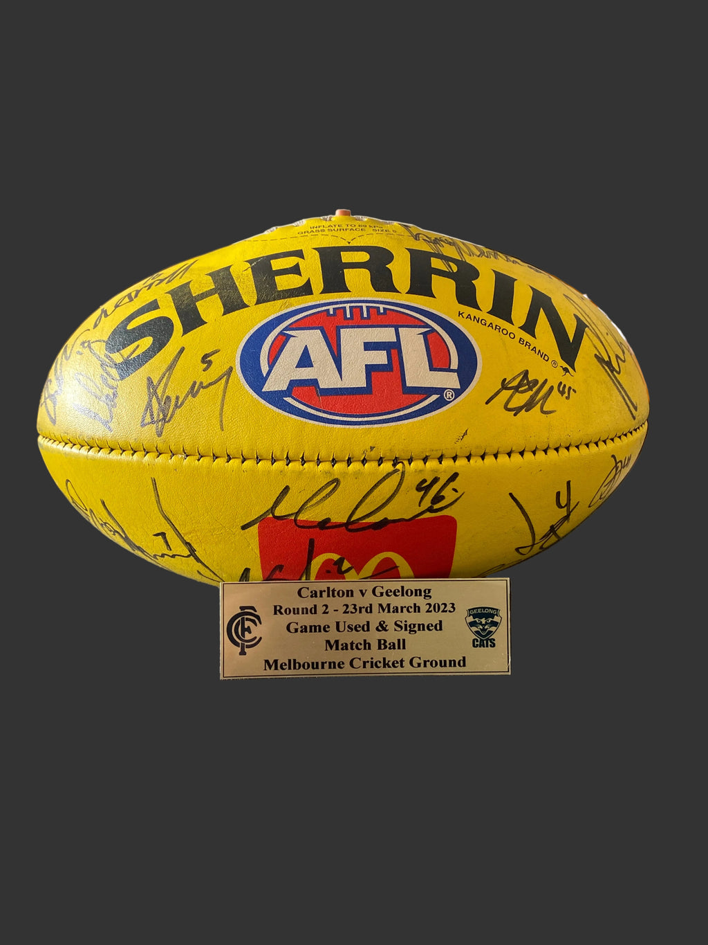 Carlton v Geelong Round 2-23rd Match 2023 Game Used and Signed Match Ball Melbourne Cricket Ground