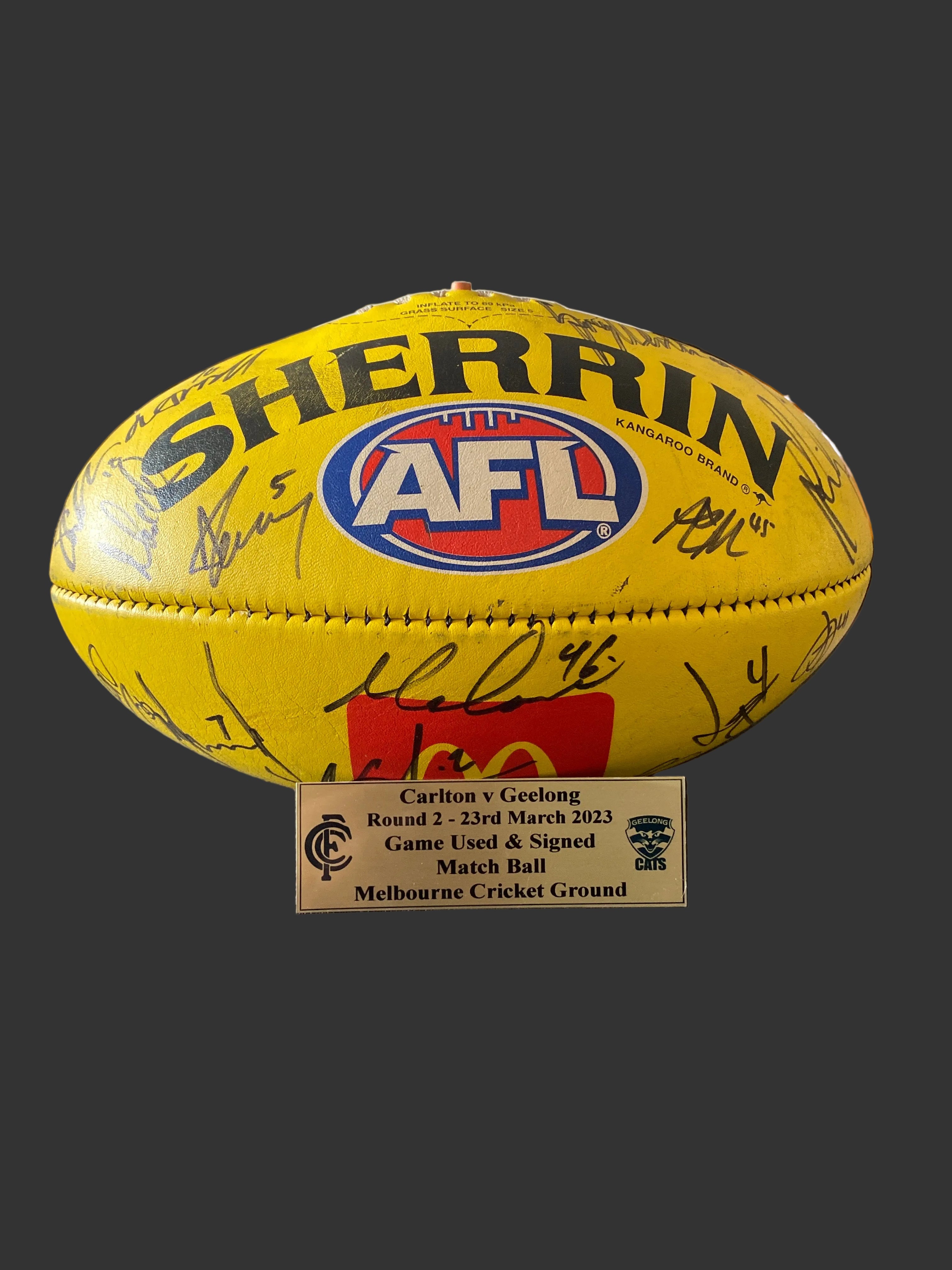 Carlton v Geelong Round 2-23rd Match 2023 Game Used and Signed Match Ball Melbourne Cricket Ground