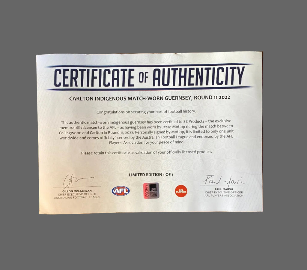Limited Edition 2022 AFL Puma Indigenous Guernsey Authentic Signed Match Worn Guernsey Round 11 Collingwood v Carlton MCG / Sunday 29 May 2022 Jesse Motlop #3 1 of 1